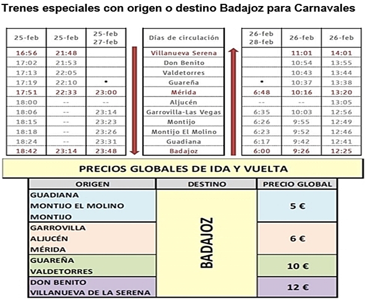 Renfe pondrá 8 trenes especiales durante el Carnaval de Badajoz