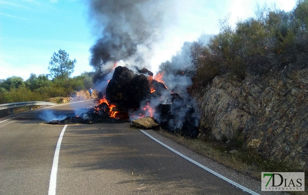 Arde un camión cargado de pacas cerca de San Vicente de Alcántara