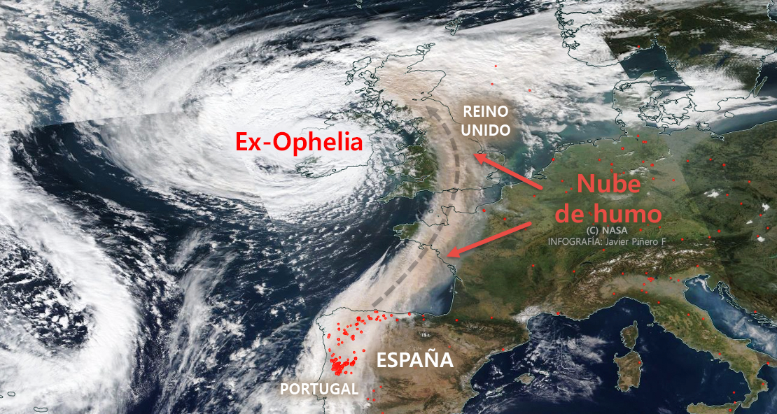 La nube de humo de los incendios de Galicia, Asturias y Portugal alcanza el Reino Unido