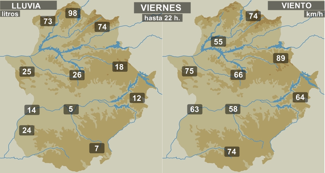 Localidades más lluviosas y ventosas de Extremadura este viernes