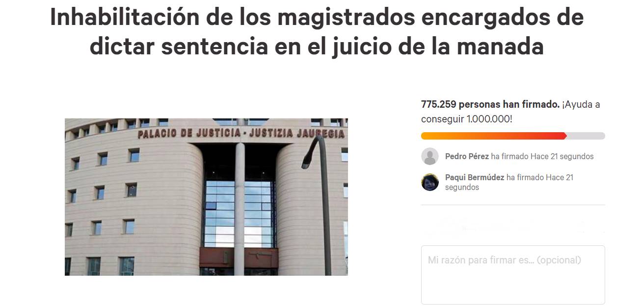 Más de 750.000 firmas piden inhabilitar a los magistrados del caso &#39;La Manada&#39;