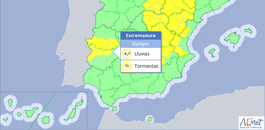 Activada la alerta amarilla por tormentas en todo el centro de Extremadura