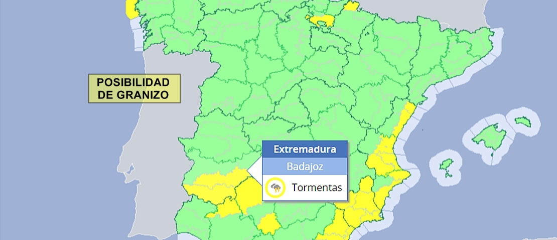 Alertas este miércoles en la mitad sur de Badajoz por fuertes tormentas