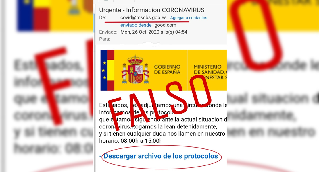 Alerta por correos electrónicos maliciosos suplantando la identidad del Ministerio de Sanidad