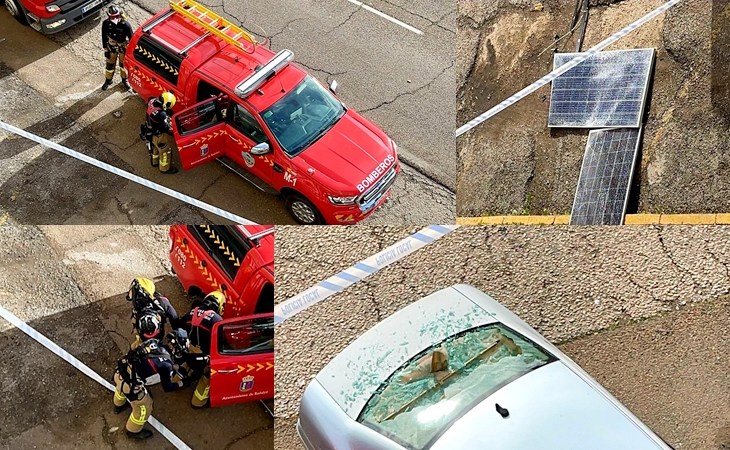 Caen a la vía pública varias placas solares de un 9º piso en Badajoz