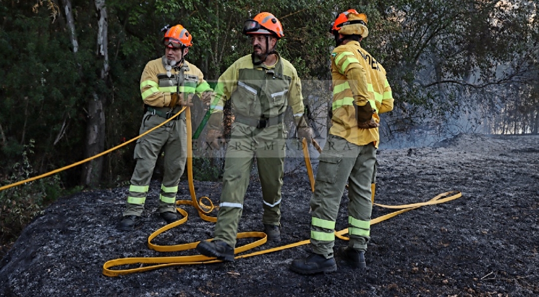 Un amplio dispositivo trabaja durante horas en un incendio forestal cercano a Badajoz