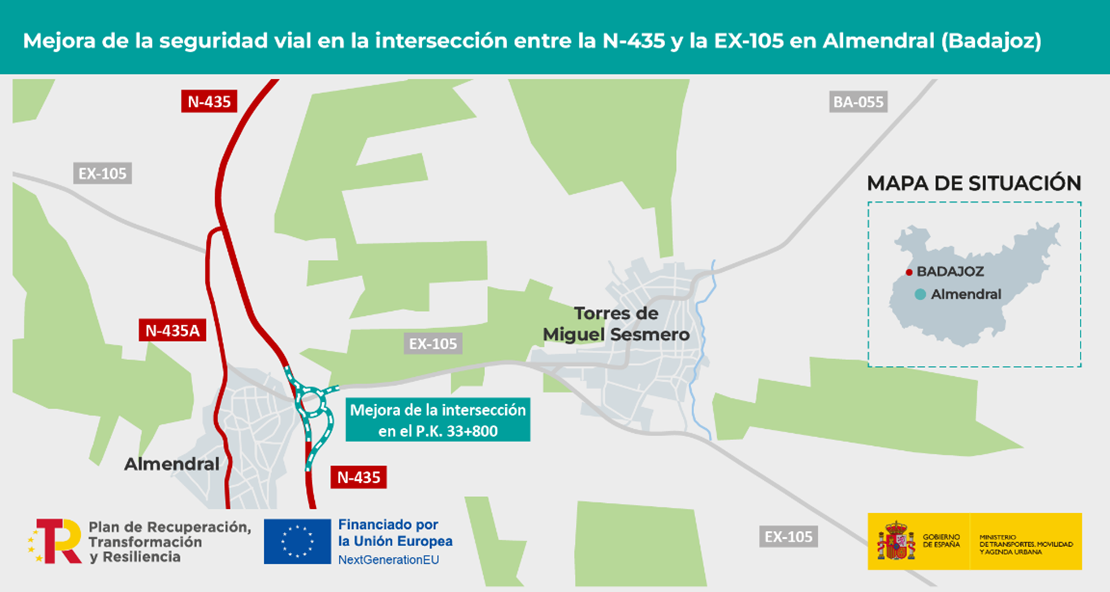 Aprobado el nuevo trazado entre las carreteras N-435 y EX-105 en Almendral (Badajoz)