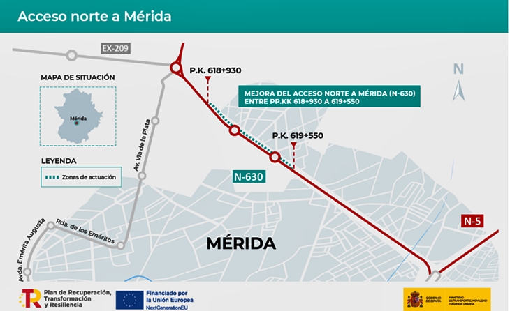 Obras de mejora en la carretera N-630 de acceso Norte a Mérida