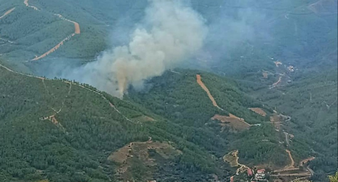 Amplio dispositivo para combatir un incendio forestal en Nuñomoral (CC)