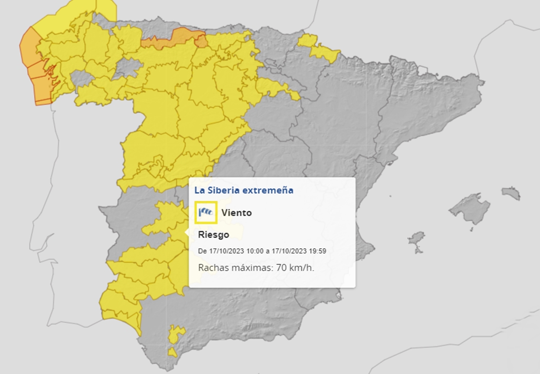 Parte de Extremadura en alerta amarilla por fuertes rachas de viento