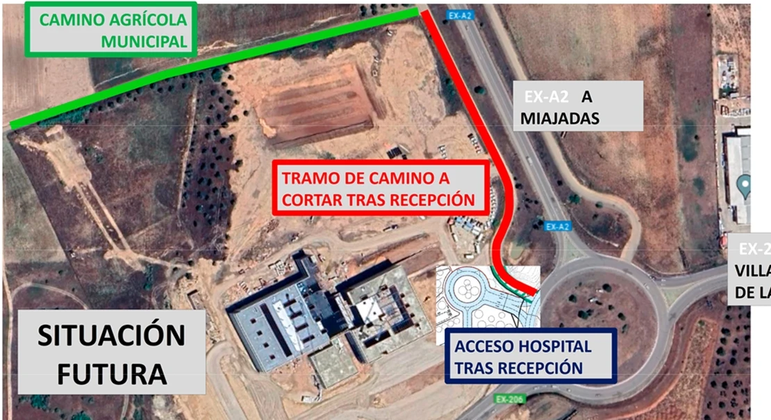 Corte en el camino de servicio de la rotonda EX – A2 en Don Benito