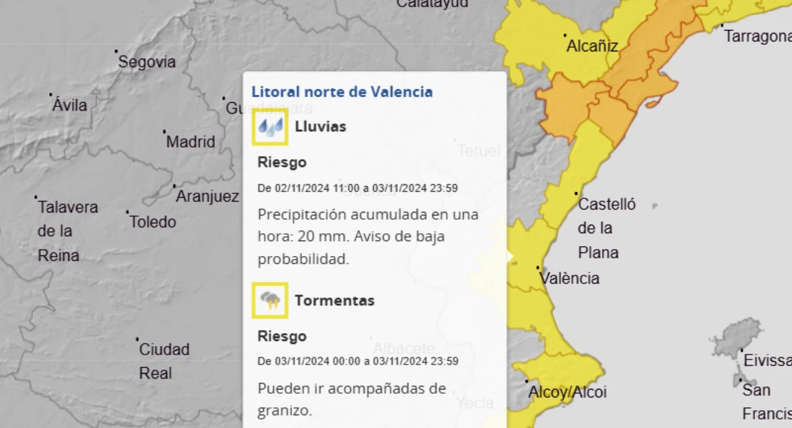 Aviso amarillo de la AEMET por lluvias y tormentas en la Comunidad Valenciana